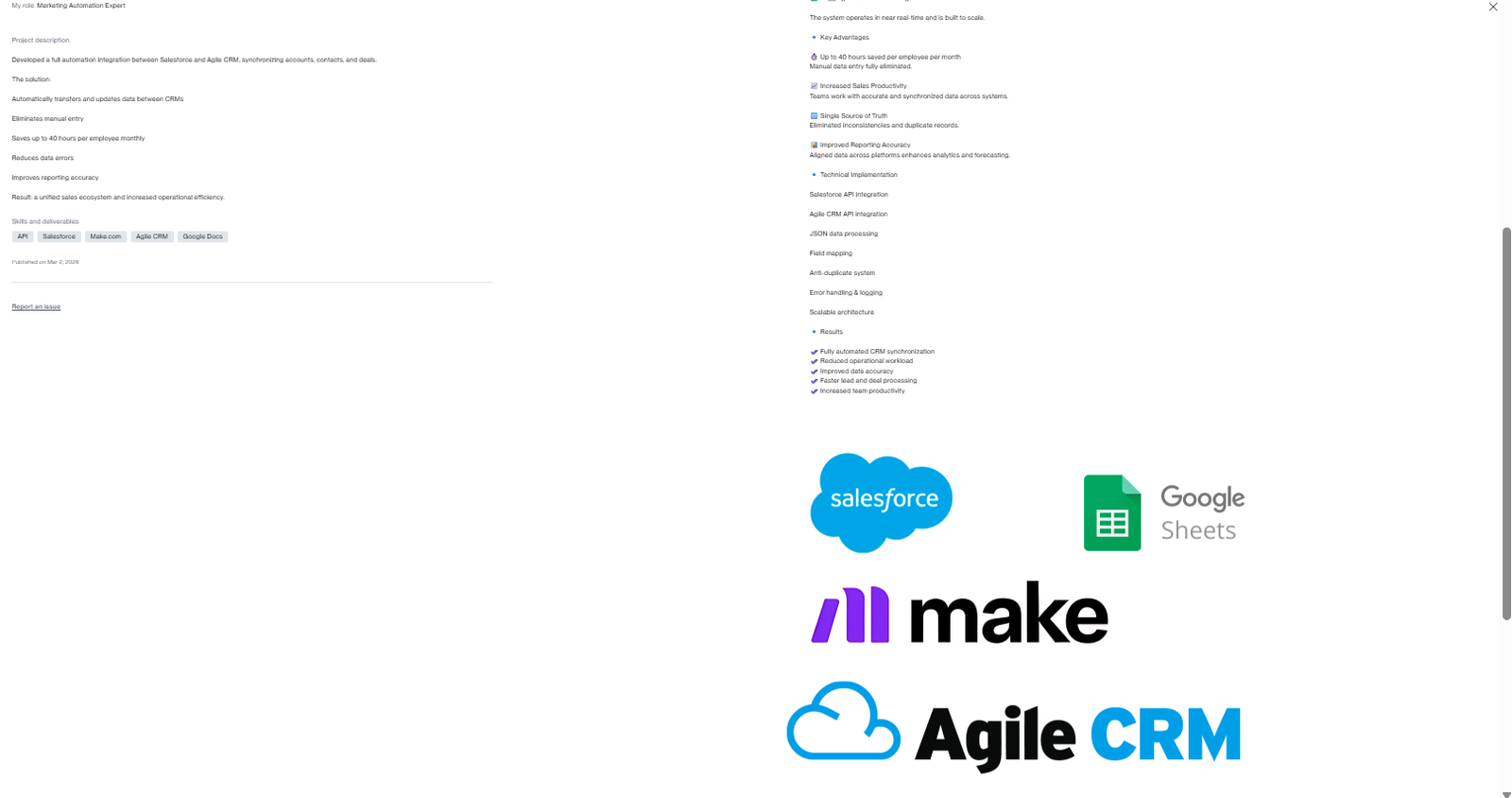 Схема интеграции Salesforce, Make, Google Sheets и Agile CRM